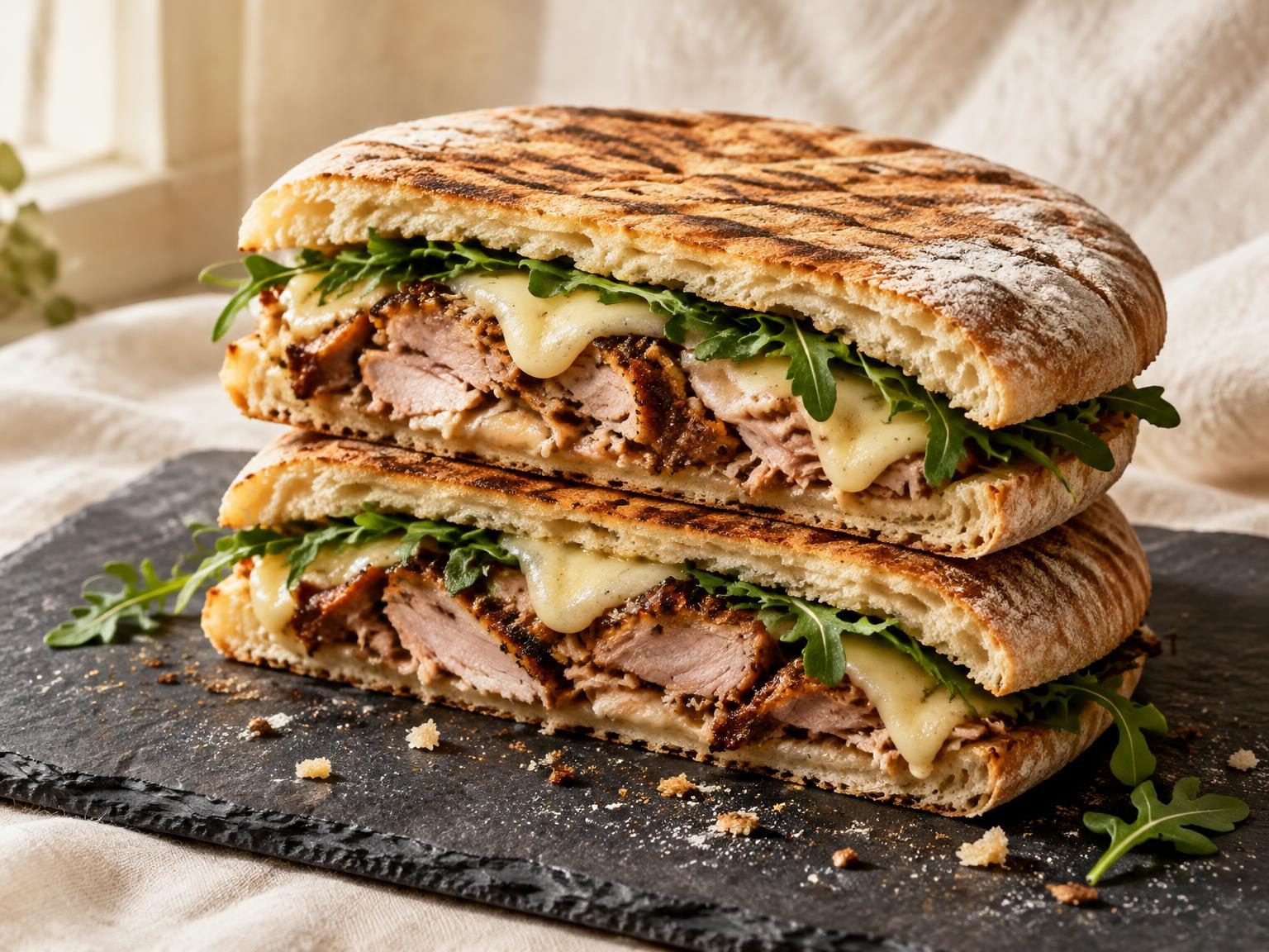 A pressed Stottie cut open to show porchetta, provolone and rocket