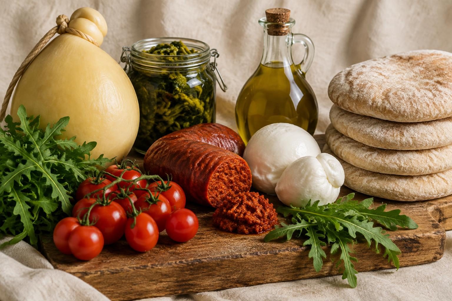 Campanian ingredients: provola, friarielli, olive oil, nduja, mozzarella, tomatoes, rocket and Stottie bread