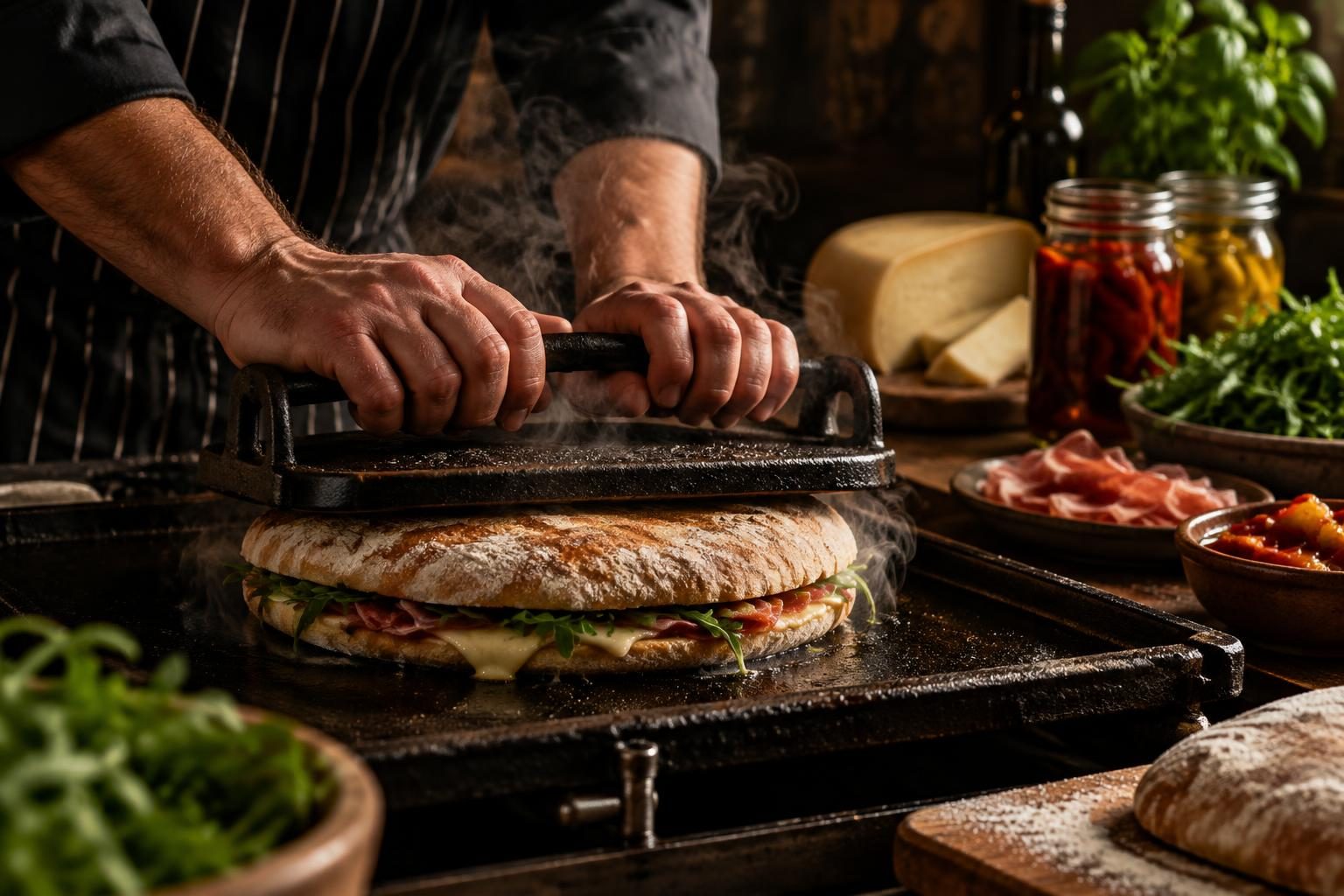 A chef's hands pressing a Stottie on a hot cast-iron griddle